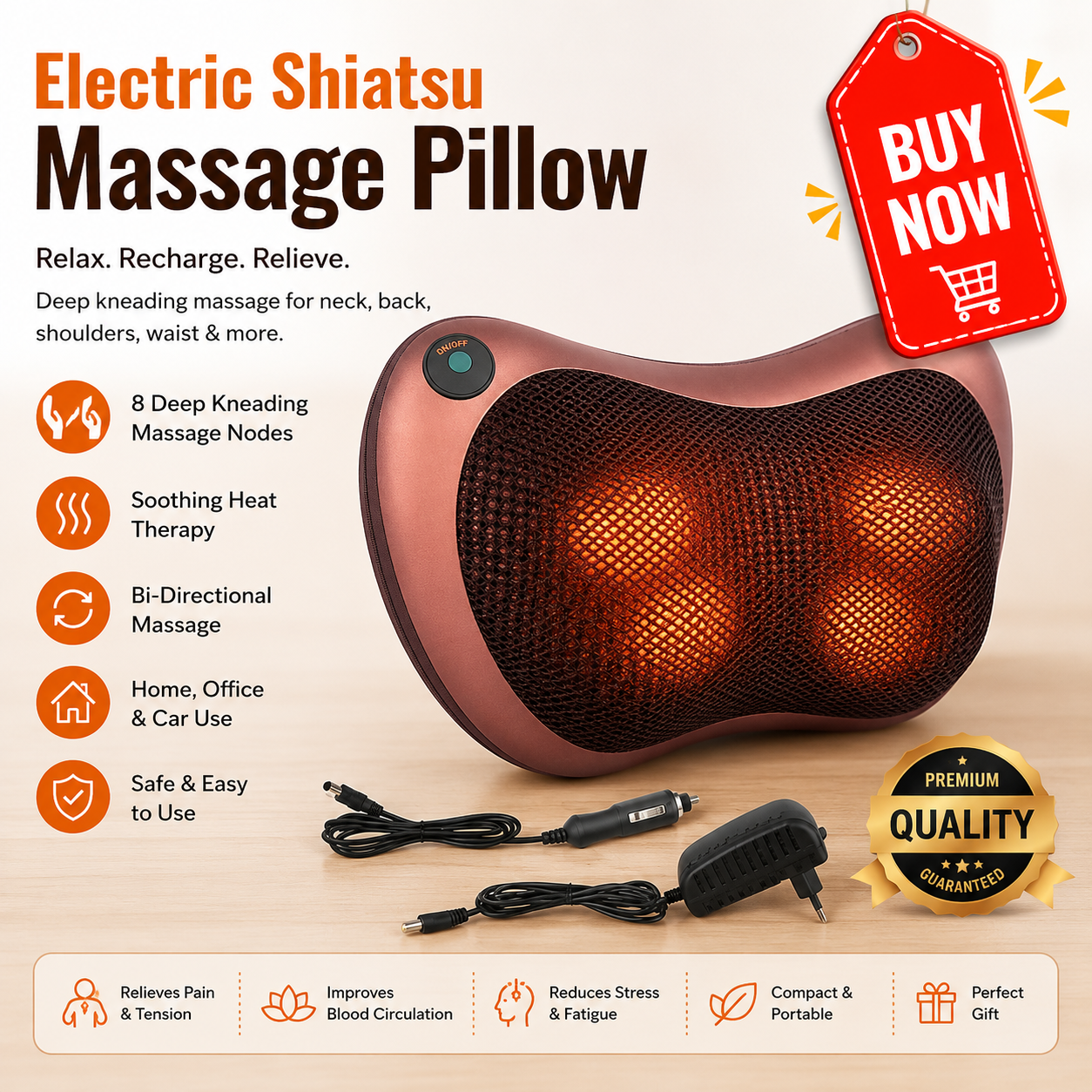 Electric Massage Pillow Far Infrared Heated Full Body Massager Cushion Neck
