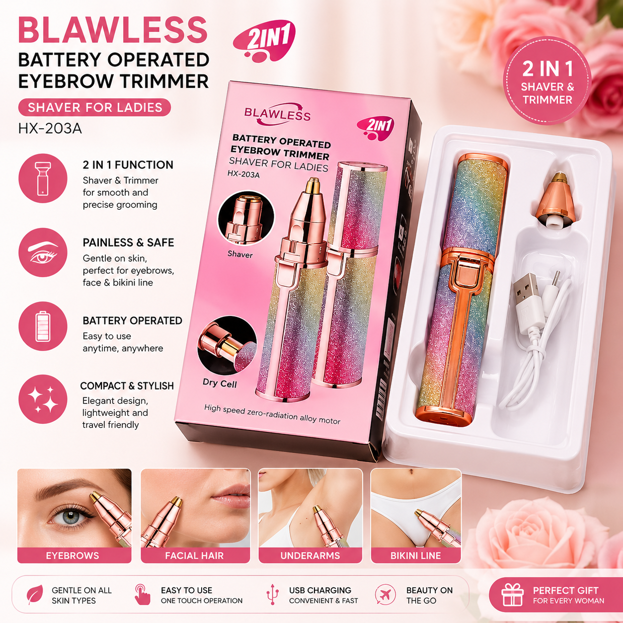 Rechargeable 2 In 1 Eyebrow Trimmer Flawless Facial And Eyebrow Razor For Women Portable And Easy To Use