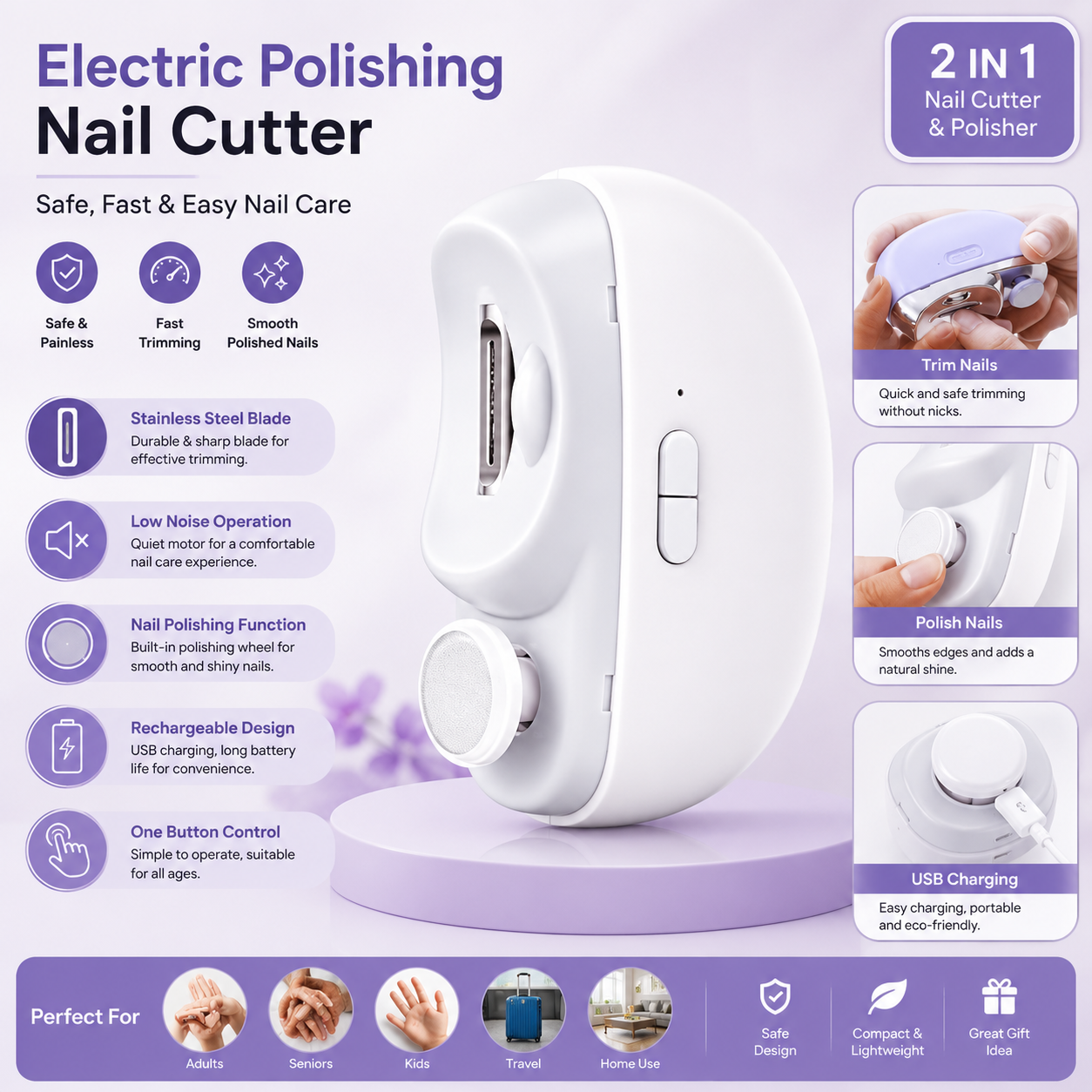 New Protable Electric Nail Clipper Grinding and Polishing with Light Automatic Nail Trimmer Rechargeable Nail Cutter Manicure