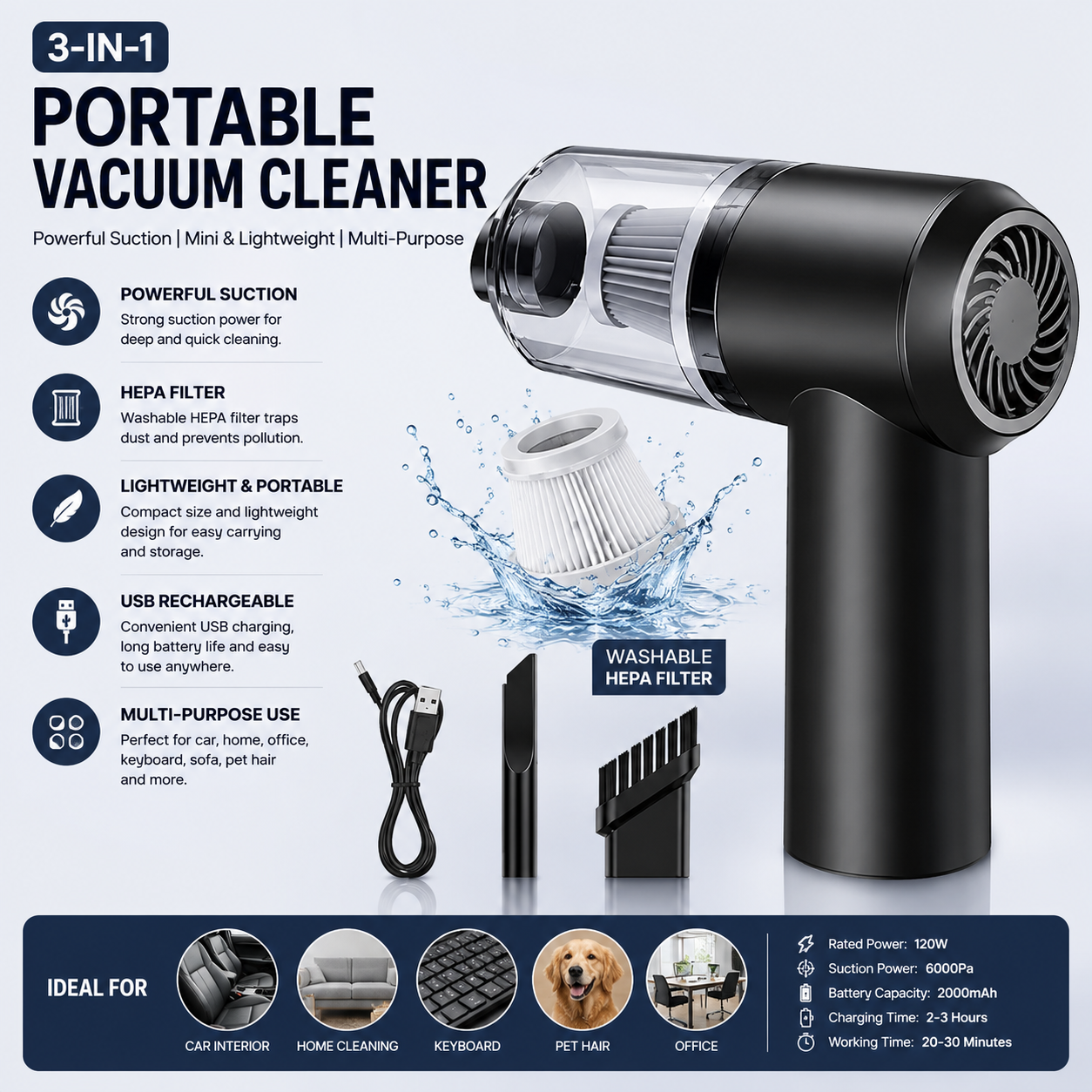 Portable Electric Rechargeable 2 in 1 Car And Home Handheld Mini Portable Vacuum Cleaner