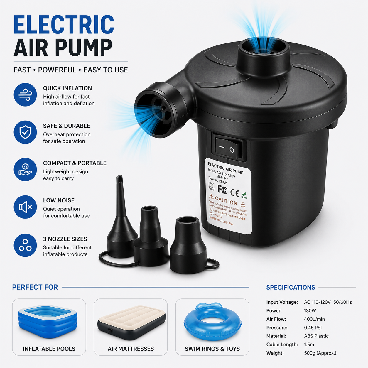 Electrical Air Pump, Quickly Inflates & Deflates All Large Volume Inflatables