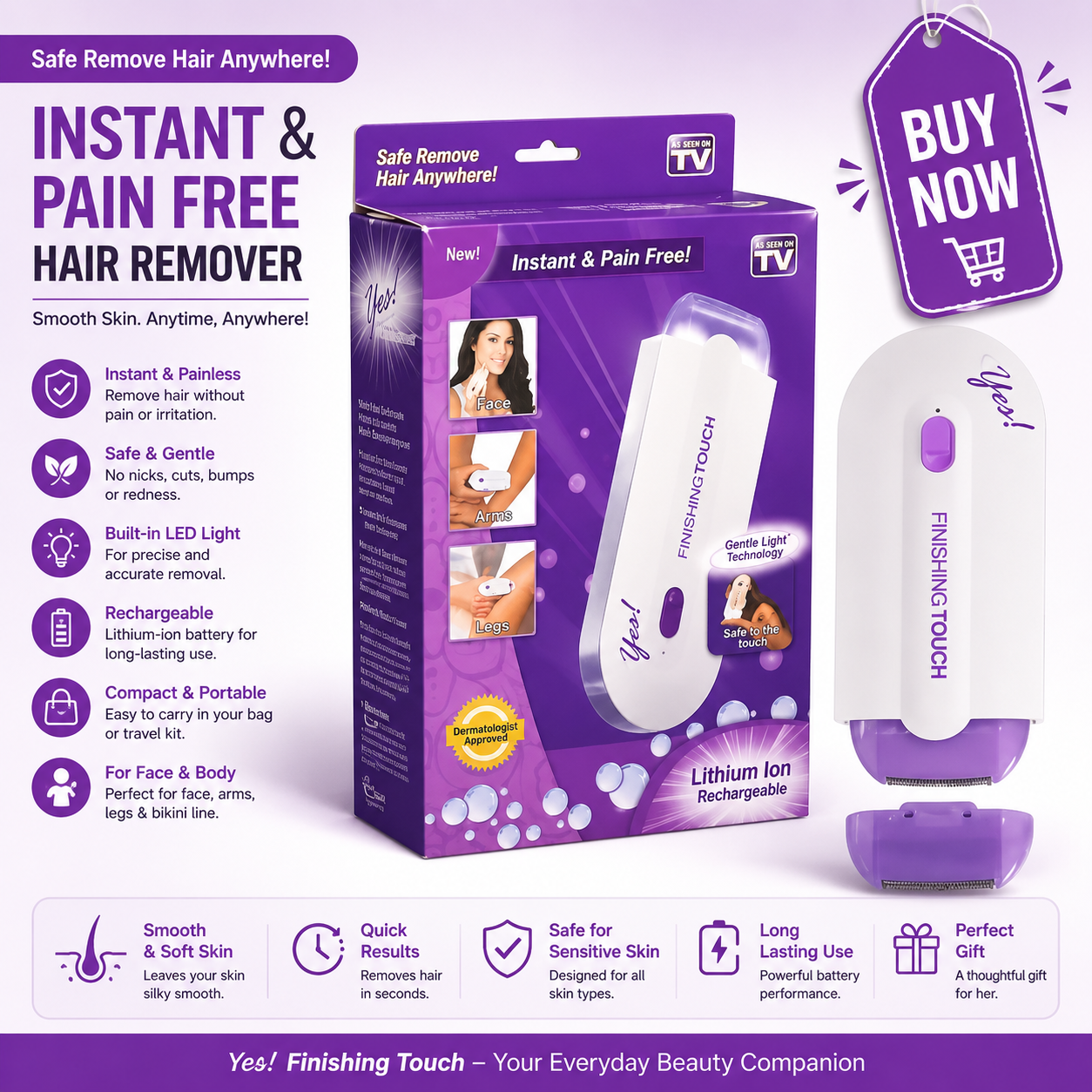 Finishing Touch Hair Remover Epilator Tool Instant Pain with Sensor Light