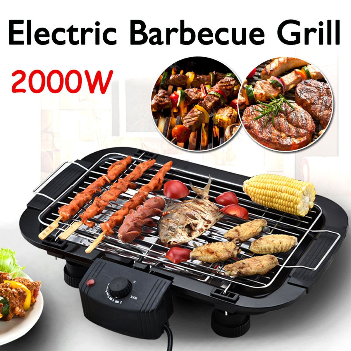 Electric BBQ Grill - Adjustable Temperature Control, Removable Drip Tray, 2000W with 12 Metal Skewers