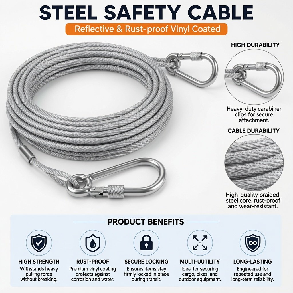 Stainless Steel Wire Rope 5m Heavy Duty Security Cable with Hooks – Strong Anti-Rust Steel Rope for Gate, Bike, Outdoor Use & Cloth Drying