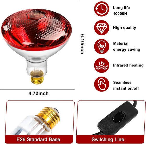 Day Night Infrared Heat Lamp 100W/150W/200W/250W/275W Red Heat Lamp Bulb for Brooder Coop Chicks Snake Amphibian Pet Reptile