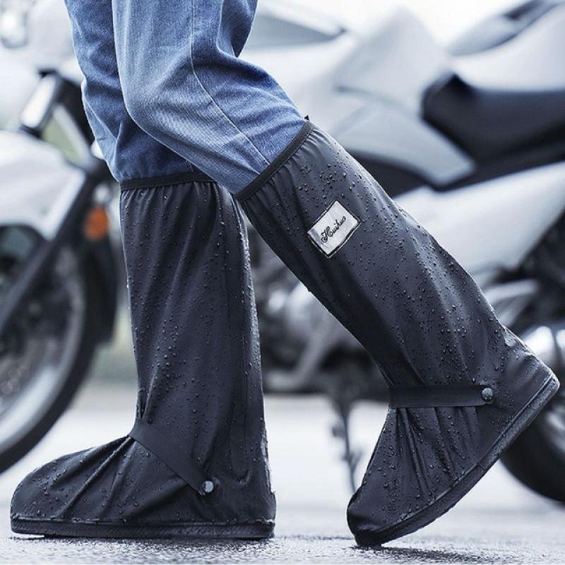Men's black high top waterproof rain boot cover, motorcycle protective shoe cover with grip