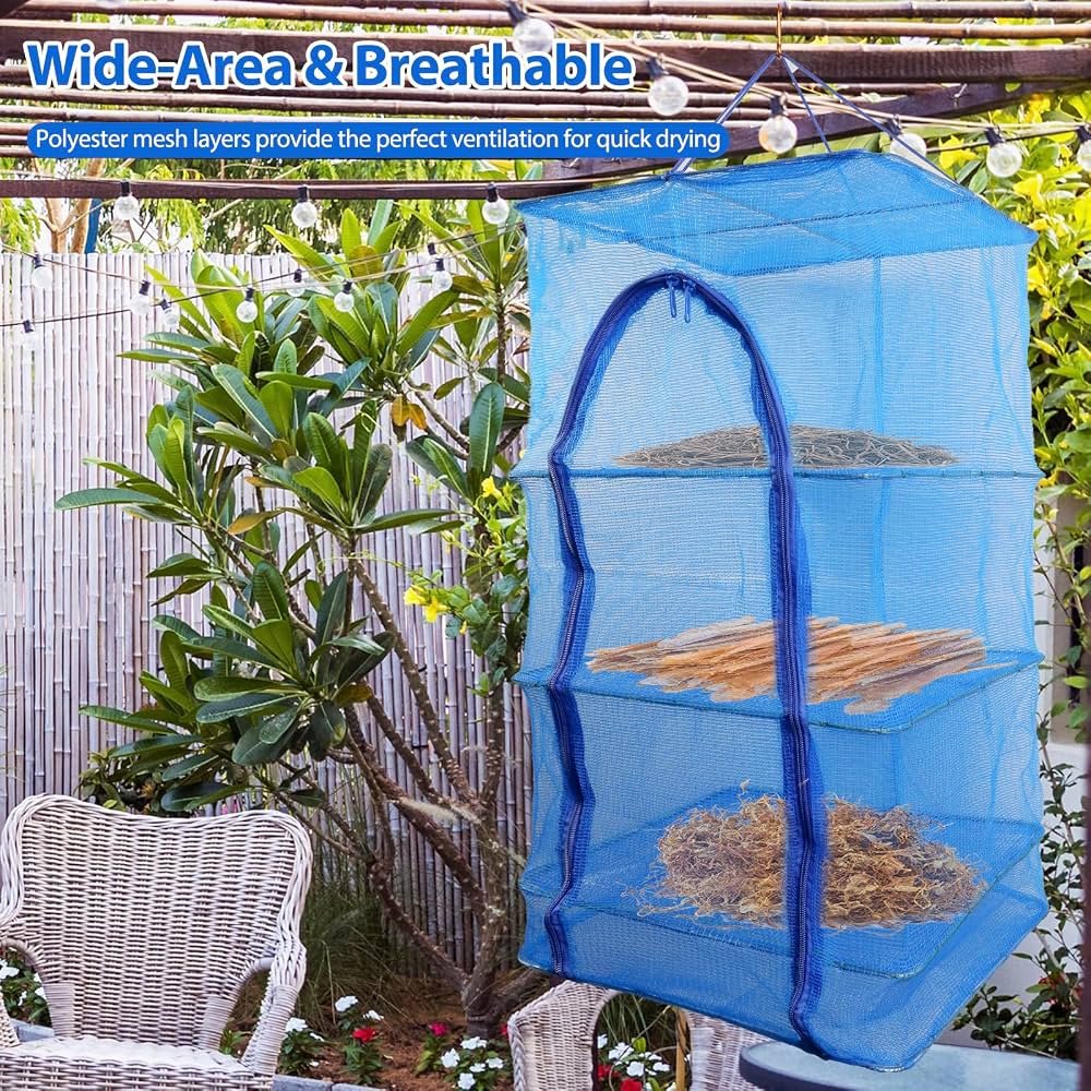 Hanging Mesh Food Drying Net (or 4-Tier Zippered Herb and Fish Dehydrator Net)