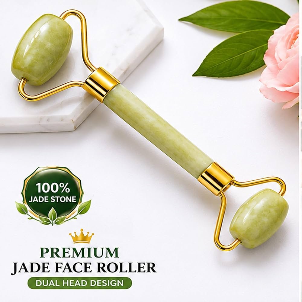 Jade Roller & Gua Sha Set – Dual‑Head Face Roller for Puffiness & Lymphatic Drainage – Real Jade Facial Massager & Guasha Tool for Eyes, Neck & Jawline – Skin‑Care Gift for Women & Men