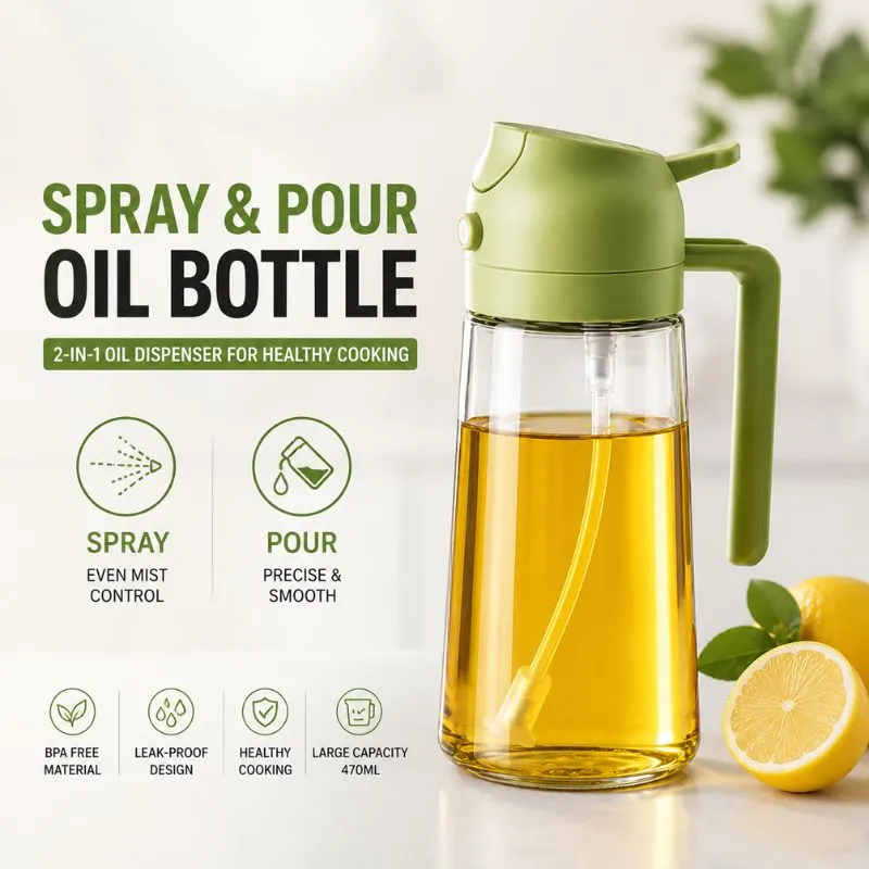 2-in-1 Oil Sprayer and Dispenser Bottle, 500ml Glass Oil Spray Bottle with Premium Nozzle for Air Fryer, Roasting and Frying, Cooking, Kitchen Use By ZapKart