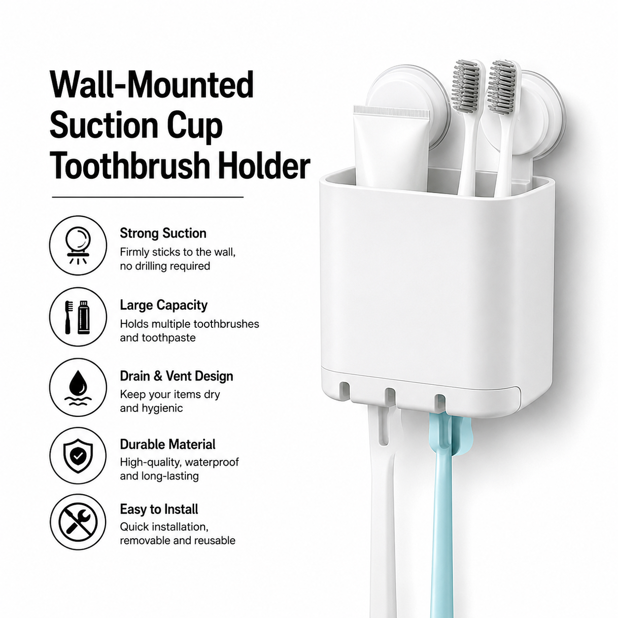 Wall-Mounted Suction Cup Toothbrush Holder (with Drainage Holes)
