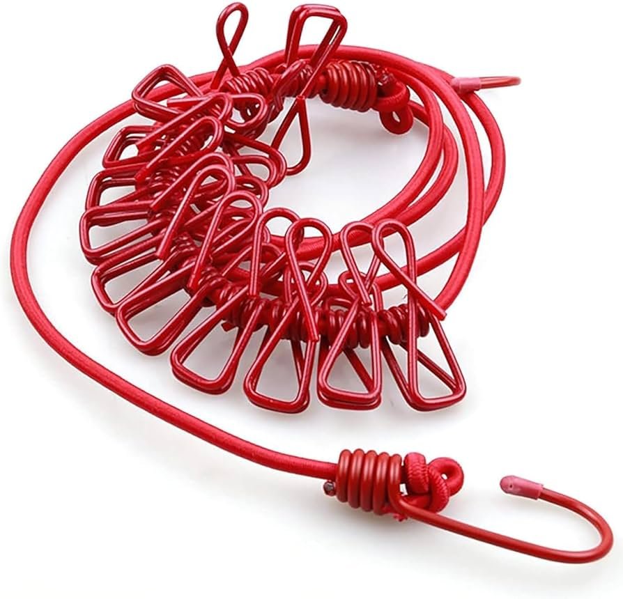 Portable Elastic Travel Clothesline with 12 Built-in Clips & Heavy-Duty Hooks.Portable Elastic Travel Clothesline with Built-in Clips.Stretchable Clothes Drying Rope, Retractable Laundry Line.