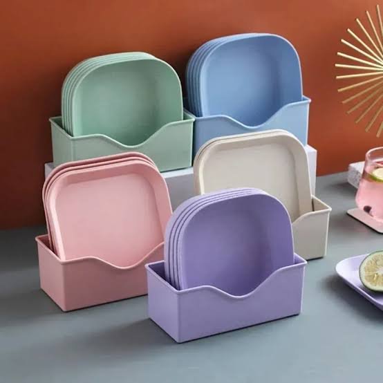 Wheat Straw Plates and Salad Bowls Set - Reusable Eco-Friendly Food Serving Dishes with Storage Rack