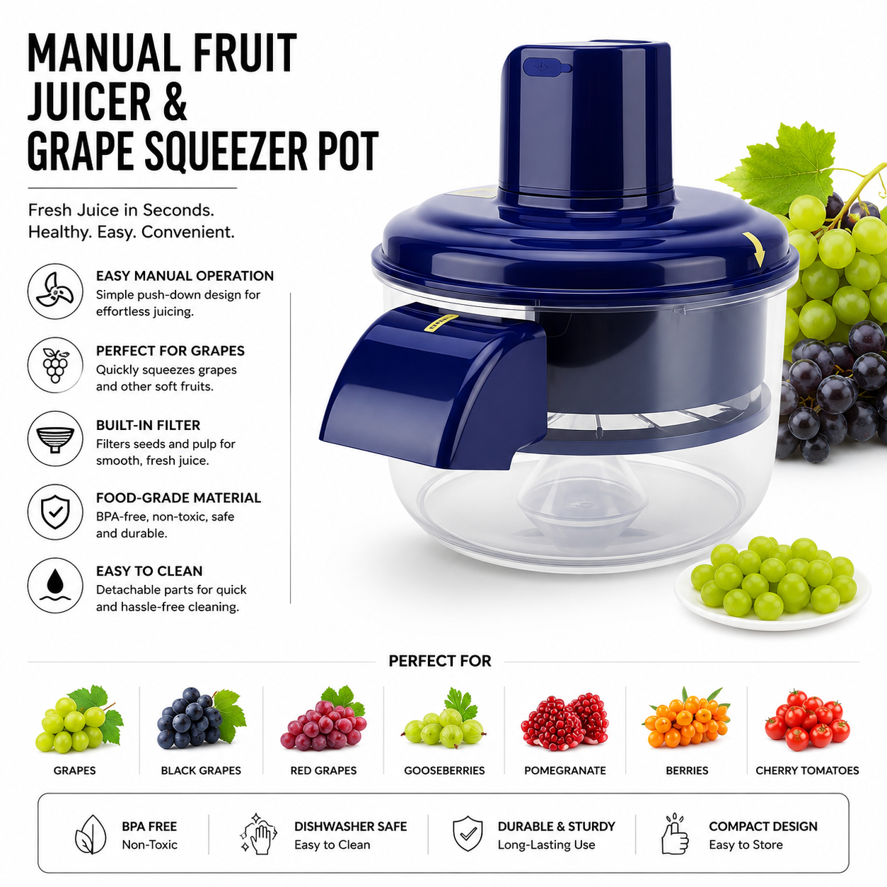 Manual Fruit Juicer and Grape Squeezer Pot