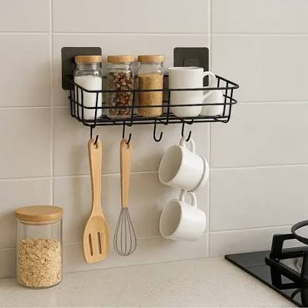 Self-Adhesive Bathroom Shelf Organizer with Hooks (or Punch-Free Iron Wire Storage Basket)